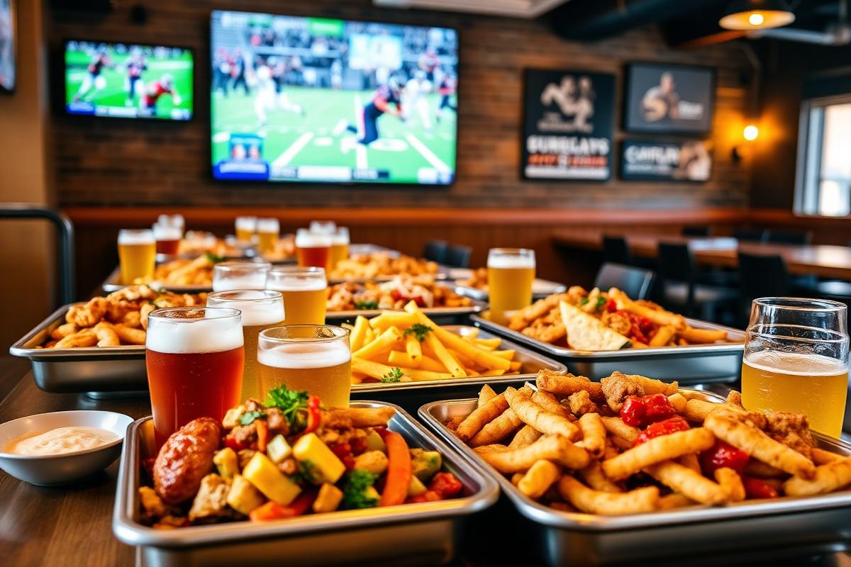 Game day buffet trays and drinks at the brewpub with football on the screens